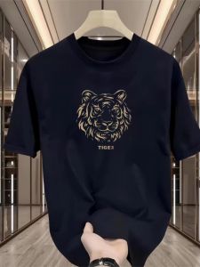 Summer Tiger Print Short Sleeve Mens T-shirt Pure Cotton round Neck Fashionable Casual Top Breathable Comfortable Youthful