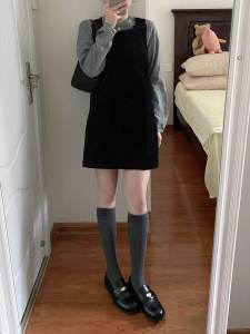 Autumn Clothing Matching a Set of Retro Black Corduroy Sleeveless Strap Dress Long Sleeves Shirt Two-piece Set Womens Clothing