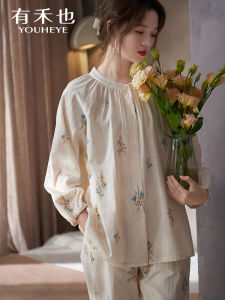 New Chinese Style Pure Cotton Long Sleeve Womens Sleepwear Home Clothes YOUHEYE Floral Print Comfortable Loose Fit Pyjamas