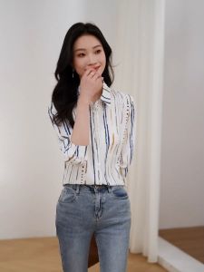 New.fashions Kain Sifon Berkualitas Tinggi Kemeja Wanita Lengan Panjang Bergaris Putih Atasan Import Longgar Ala Korea