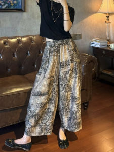 Retro Print Wide Leg Pants Womens Loose Fashionable Casual Loose Fit Summer New Style High Waist Nine Points Pants