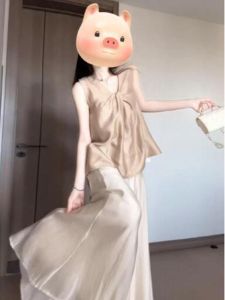 CHANGTONG | Loose Feelings Korean Style Fashionable Unique Sleeveless Top High Waist Draped Wide Leg Pants Skirt Two Piece Set