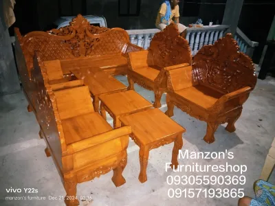 Cleopatra Sala Set (Gmelina Wood) - Ornate Carvings Wooden Construction Sofas and Tables Outdoor Display.