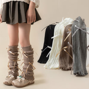 1Pair Long Leg Warmers Kids Autumn Winter Knitted Soft Girl Kawaii Bow Knit Loose Socks Female Fashion Accessories Stockings New
