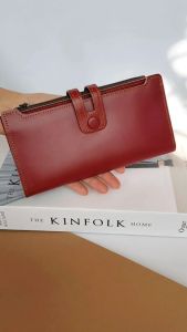 Dompet Kulit Lipat Panjang Pria & Wanita Warna Glossy Dengan Kancing