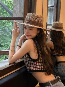 Spring Summer Womens Flat Brim French Tie Straw Hat Fashionable Woven Beach Holiday Hat Trendy Large Brim Sun Hat