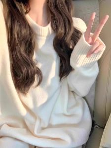 Áo Len Dệt Kim Dáng Rộng Dài Tay Cổ Tròn Màu Trơn Cho Nữ Mùa Thu Đông Thường Ngày Thoải Mái Mềm Mại Áo Sơ Mi