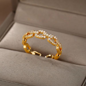 Luxury Zircon Twist Chain Open Rings For Women Stainless Steel Gold Color Geometric Ring Vintage Aesthetic Jewelry Gift femme