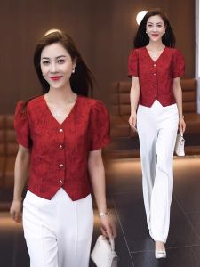 YOUFAN | V-neck Short Sleeve Lace Blouse