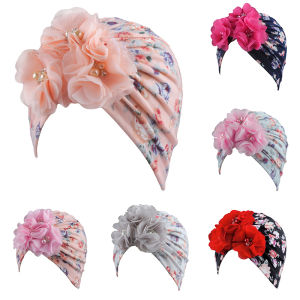 หมวกหมวกเด็กแรกเกิดลูกไม้ผ้าโพกศีรษะทารกลายดอกไม้ขนาดใหญ่ประดับมุกสำหรับเจ้าหญิงพิมพ์ลายดอกไม้เด็กผู้หญิงอุปกรณ์สำหรับทารกหมวกยางยืดเด็กวัยหัดเดิน
