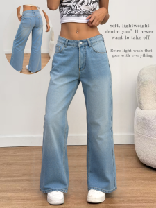 Womens High-Waisted Retro Straight-Leg Denim Trousers Comfortable Wide-Leg Casual Versatile Pants for Outings