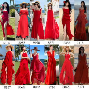 Bali Beach Red Colorful Long Dress Womens Summer Bohemian Style Sweet Backless Butterfly Knot Hemline High Waist A-Line Gown