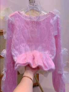 Gradual Pink Gradient Knitted Sweater Womens Early Autumn Design Sense Butterfly Knot Soft Sweet Short Length Top