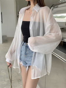 White Pearlized Sun Protection Shirt Womens Thin Chiffon Outerwear Cardigan Long Sleeve POLO Neck Regular Length Summer Top