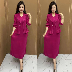 Slimming Suit Style Pleated Dress Two-Piece Set with Sash Elastic Long Sleeve Autumn Commute Elegant Fashion Womens Dress