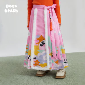 Pocoblush Original Design Autumn Winter Embroidered Long Skirt for Girls with Golden Edge Peach Blossom Intimacy Midi Skirt