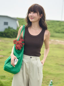 Slim Fit Knitted Vest Womens Outerwear Chocolate Color Threaded Ribbed Sleeveless Small Strap Top Commute Style Pure Color