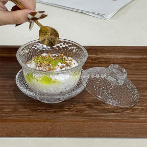Trendy Thick Glass Cubilose Pot Dessert Bowl and Dish with Lid Suit Crystal Pattern Tea Cup and Saucer Transparent Sweet Soup Tureen