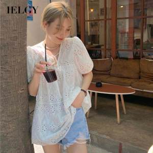 IELGY womens french white hollow all-match loose short-sleeved shirt