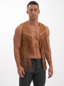 Veste en cuir marron pour homme avec glaçure à franges gilet vintage cardigan Western Cowboy streetwear Halloween Cosplay