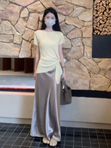 YUEZHONGWEI | Yellow Ice Silk Knitted Short Sleeve T-Shirt Womens Summer Slim Fit Stylish Round Neck Top Korean Style Commute Fashion