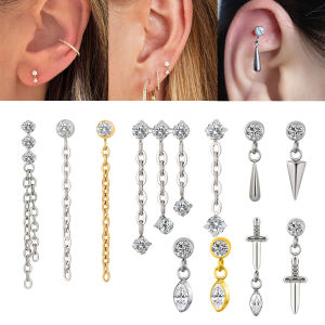 1PC ASTM F136 Titanium Zircon Sword Pendant Stud Earring CZ Labret Crystal Waterdrop Ear Stud Cartilage Helix Piercing Jewelry