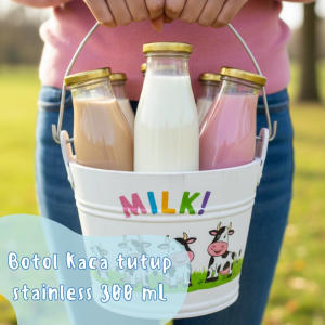 AAMU Glass Bottle | Botol Kaca Tutup Stainless 300 mL | Juice Milk Bottle | Botol Susu | Botol Kopi | Milk Bottle