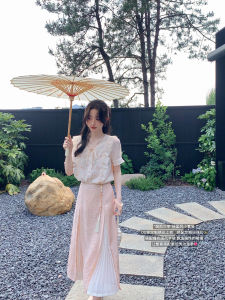 Elegant Lady Chinese Style Set Small Size Half Skirt Two Piece Suit Floral Print A-Line Skirt Natural Waist Midi Skirt