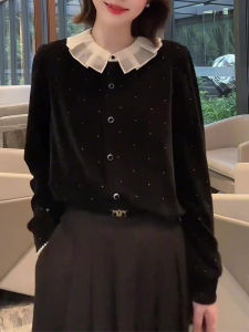 UYFY | Black Peter Pan Collar Velvet Long Sleeve Oversized Ladies Shirt
