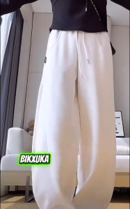 BIKXUKA - Quần suông Ống Rộng Vải Nỉ 2 Da Mềm Mịn Quần Nỉ  dáng suông Cạp Chun túi tròn Tôn Dáng Thời Trang Q12
