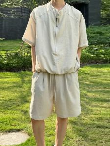 LIUBU | Bộ Áo Thun Tay Ngắn Mở Nửa Quần Shorts Vintage Thoáng Khí từ Vải Linen