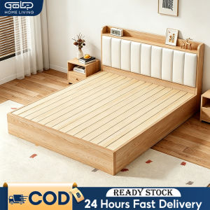 GOLD Solid Wood Bed Frame Queen/King Size Katil Kayu Minimalist Muji Style Bed with Cushion Headboard 實木床