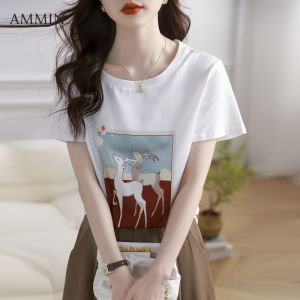 Ammin đơn giản Mới Mùa Hè cổ tròn quần đùi thời trang tay áo in hình thú định vị cá tính Áo thun cotton nguyên chất Áo Blouse thanh lịch tay áo phồng ngọt ngào khâu in phong cách phiên bản Hàn Quốc cho nữ