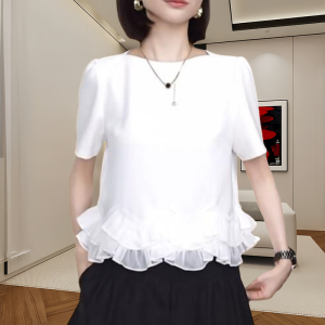 Elegant Black Short Sleeve T-Shirt Womens round Neck Ruffle Design Fashionable Top Korean Style Loose Fit Summer Shirt