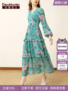 Elegant V-neck Printed Dress Womens Spring New Style Waist-cinching High-quality Long Skirt Fashionable Business Casual