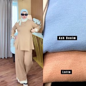 Setelan Celana Wanita Premium Laso Knit Pita Leher Oneset Wanita Kekinian