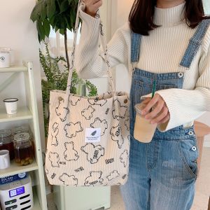 Cute Bear Cartoon Corduroy Canvas Single Shoulder Bag for Students Class Street Cool Style Fashion Bag Female Teenager Use