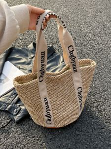 Large Capacity Straw Woven Tote Bag Womens Summer Beach Vacation Handheld Bucket Shoulder Bag Fashionable Casual Pure Color