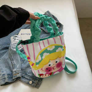 Cartoon Graffiti Bucket Bag Womens Crossbody Shoulder Handbag Summer Trend Small Popular Canvas Tote Bag Magnetic Buckle Closure