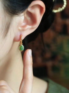 Silver Drop Earrings Womens New Chinese Style Gold Embedded Jade Green Jade Hoop Earring Fashionable Jewelry Accessories
