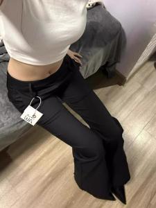 Quần Dài Thường Ngày Màu Đen Cạp Thấp Dáng Rộng Cạp Cao Ống Loe Dài Thường Ngày Cho Nữ Mùa Hè 2025 Quần Dài Ống Rộng