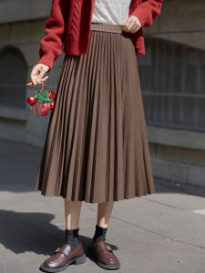 Chic Brown A-Line Skirt High Waist Womens Spring Autumn Commute Pleated Versatile Midi Skirt Small Size Girls Skirts