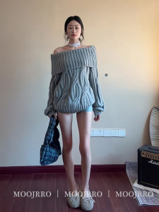 Gray Knitted Sweater Womens Off-Shoulder Overhead Design Loose Lazy Style High-End Feeling Autumn Season Fashion Trend