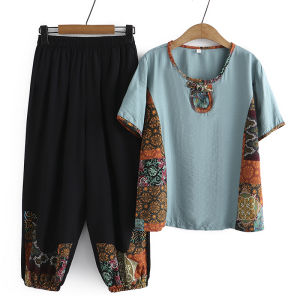 Ice Silk Cotton Linen Short Sleeve T-Shirt Set Womens Ethnic Style Top Loose Fit Button Detail Eighteen Pants Vintage Pattern