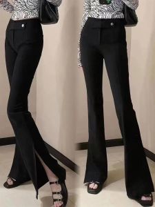 High Waist Flared Casual Pants for Women Spring 2025 Fashionable Simple Style Long Legs Slit Design Nylon And Spandex Blend