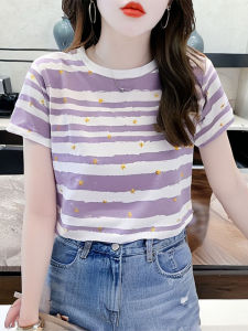 เสื้อยืดคอกลมแขนสั้นผู้หญิงแฟชั่นฤดูร้อน 2025 ดีไซน์พิเศษ ลายดาว สไตล์เกาหลี ผ้าฝ้ายผสมยางยืด ทรงหลวม