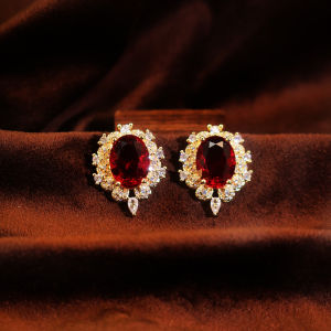 SEQUITO European Style Brides Yelllow Gold Plated Stud Earrings Inlay Oval-cut Pigeons Blood Red AAAAA Cubic Zirconia Party Clothes Accessories SE1044
