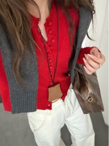 Autumn Winter 2025 New Style Little Fragrance Red Knitted Sweater Coat Womens Fashion High-End Sensation Dopamine Style Top