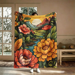 BILIBILI | Floral Frame Mountain Sunset Flannel Blanket Perfect for Sofa Office Bed Travel Sleep Read Relax Camping Four Season Use