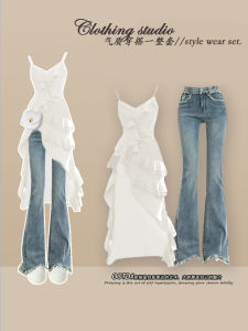 Bộ Đầm Dây Voan Trắng Nhẹ Nhàng và Quần Jeans Xòe Cao Waist Mùa Hè Kích Thước Lớn